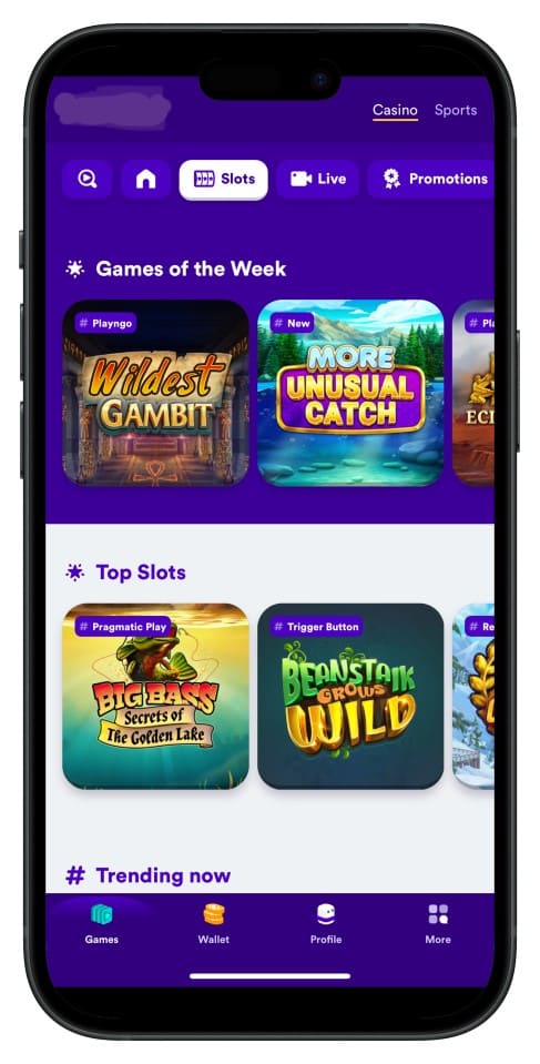 Screenshot showing bd222 App interface with intuitive menus and game choices